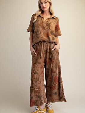 EASEL FLORAL PRINT WASHED WAFFLE PANTS AND TOP 60%COTTON 40%POLYESTER
